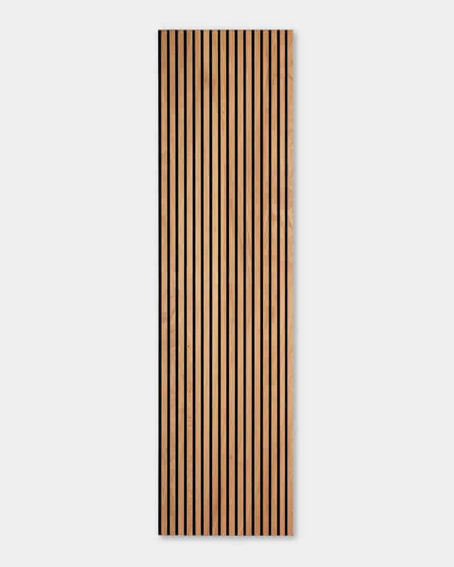 Wooden acoustic panel with vertical slats in a modern design.