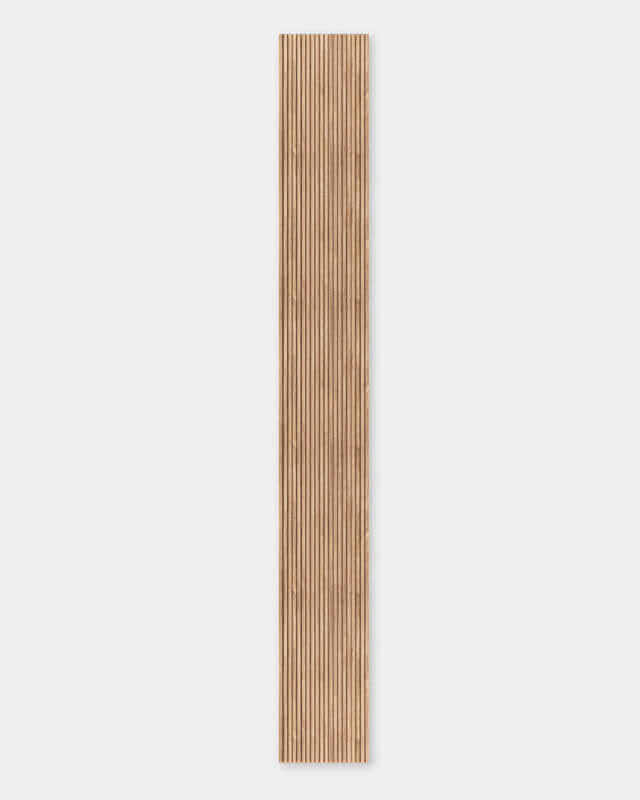 Vertical wooden acoustic panel with grooves, for interior design and sound absorption.