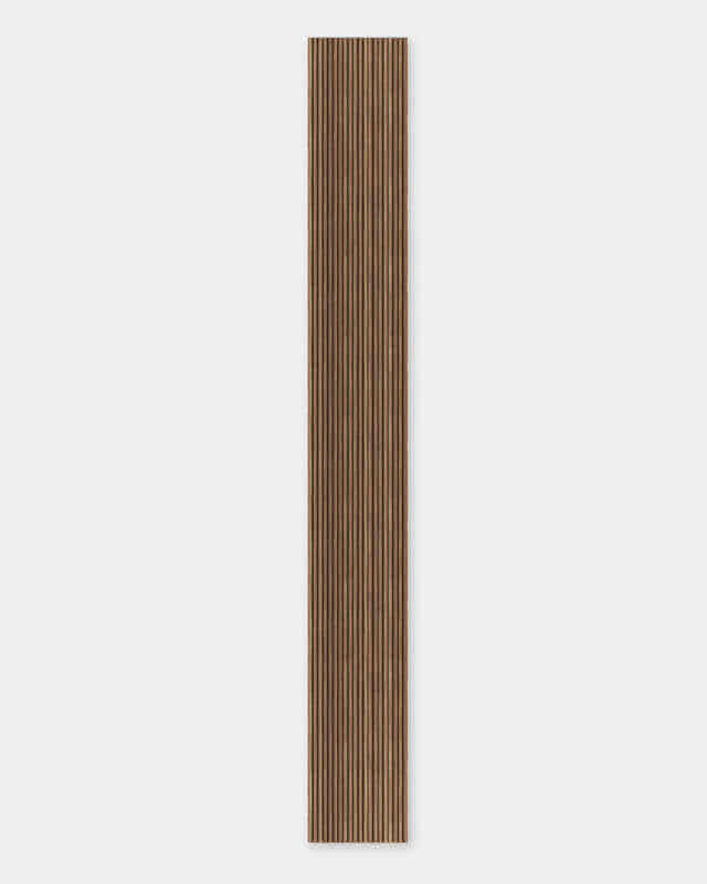 Vertical wooden panel with narrow grooves in a warm brown finish against a white background.