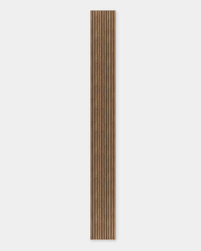 Vertical wooden slat wall panel against a plain gray background