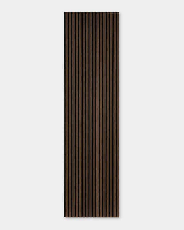 Wooden slatted wall panel in dark brown with vertical lines, ideal for modern interior design and acoustics.