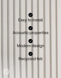 Snow White acoustic slat wall panels with text stating easy installation, acoustic properties, modern design, recycled felt.