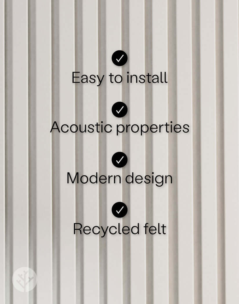 Snow White acoustic slat wall panels with text stating easy installation, acoustic properties, modern design, recycled felt.