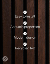 Smoked oak acoustic slat wood wall panel features: easy installation, acoustic properties, modern design, and recycled felt.