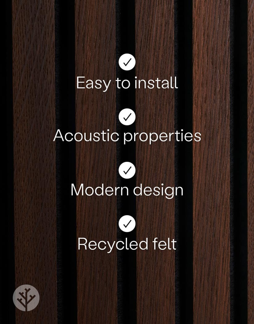 Smoked oak acoustic slat wood wall panel features: easy installation, acoustic properties, modern design, and recycled felt.