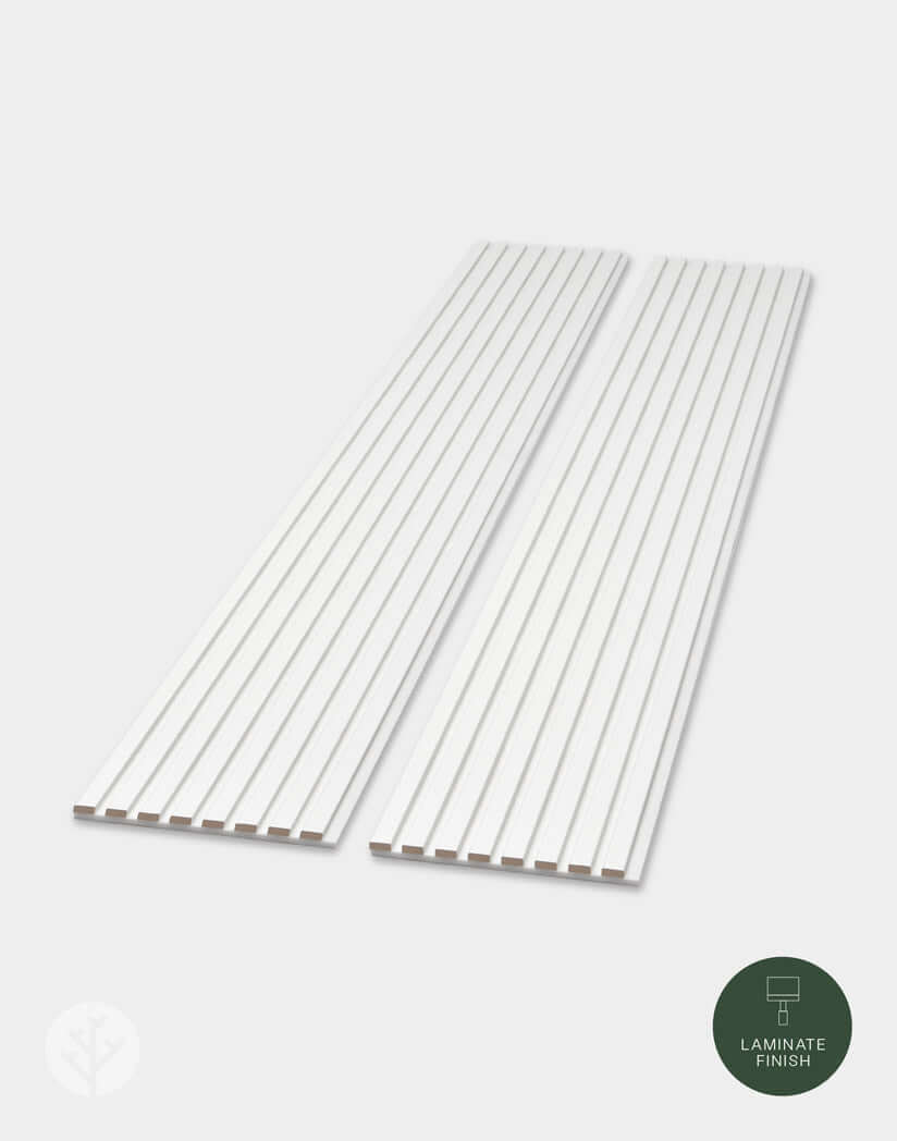Snow White wall panels with a laminate finish, ideal for enhancing interior spaces with stylish acoustic slat wall panelling.