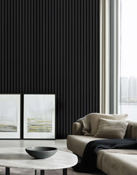 Modern interior with black acoustic slat wall panels, sleek couch, and framed art, enhancing style and sound in home or office space.