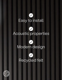 Black acoustic slat wall panels featuring easy installation, superior acoustic properties, modern design, and recycled felt material.