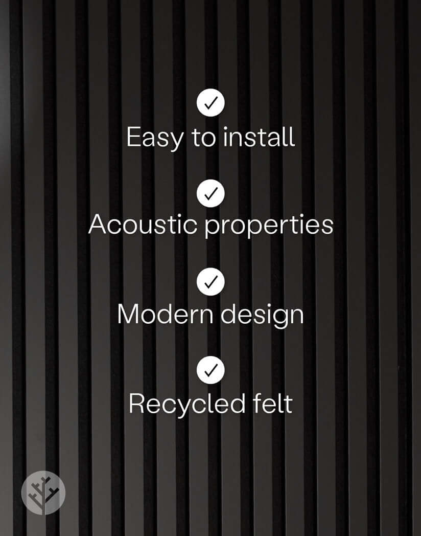 Black acoustic slat wall panels featuring easy installation, superior acoustic properties, modern design, and recycled felt material.