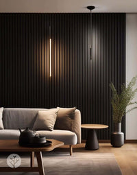 Modern interior with Black Acoustic Slat Wall Panels, enhancing design and sound absorption. Stylish wall panelling for home or office.