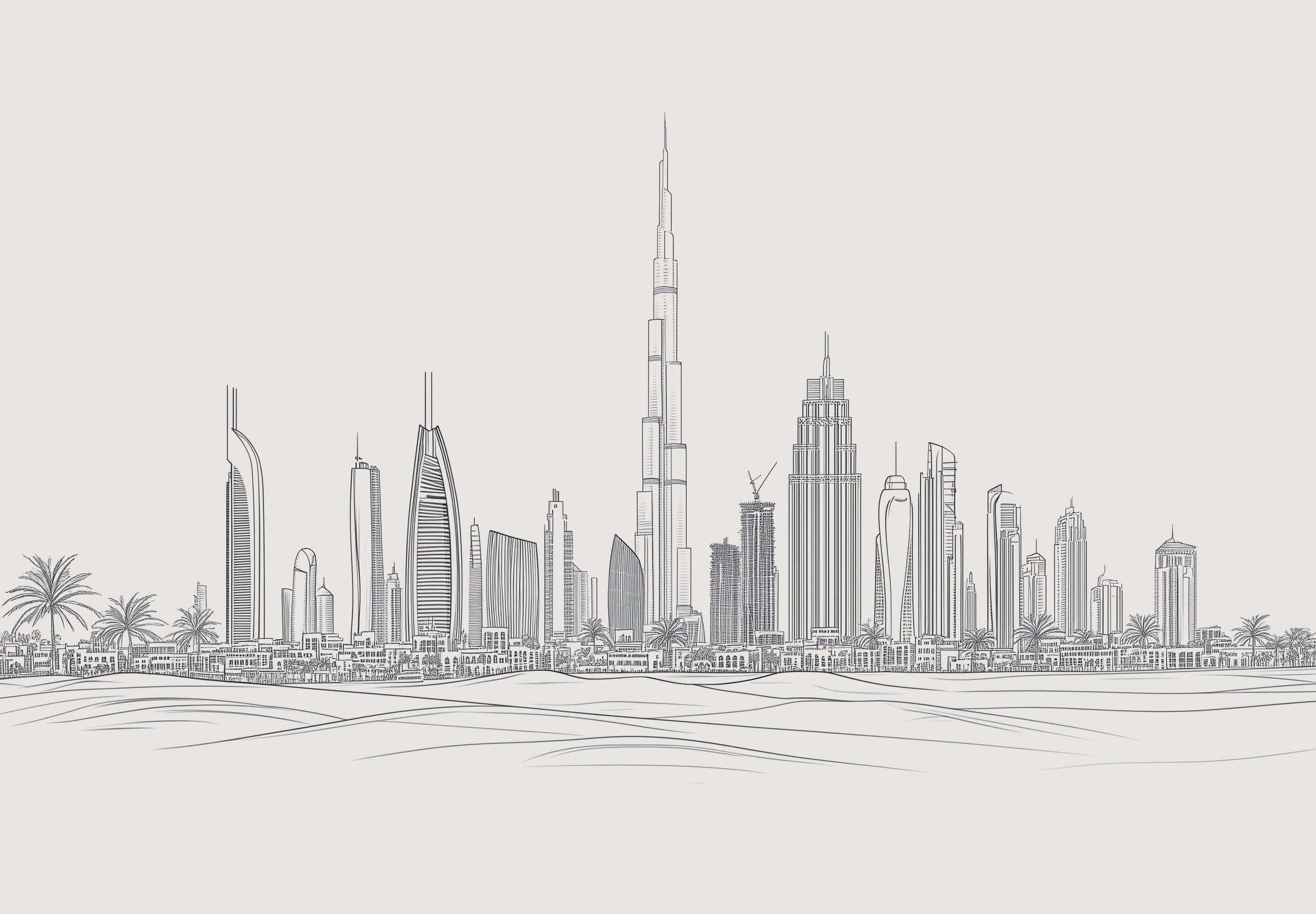 Illustration of a modern city skyline with tall skyscrapers and palm trees, showcasing urban architecture and design.