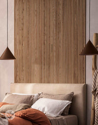 Luxury wall with Oak Ridge Flexible Tambour Wood Panels for stylish interior design, offering natural warmth and versatility in design.