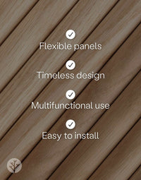 Oak Ridge luxury wall panels showcasing flexibility, timeless design, multifunctional use, and easy installation features.