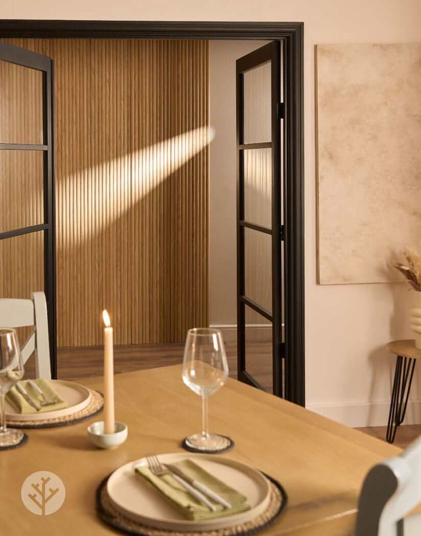 Dining room setting featuring Oak Ridge Flexible Tambour Wood Panels on wall, highlighting luxury interior design.