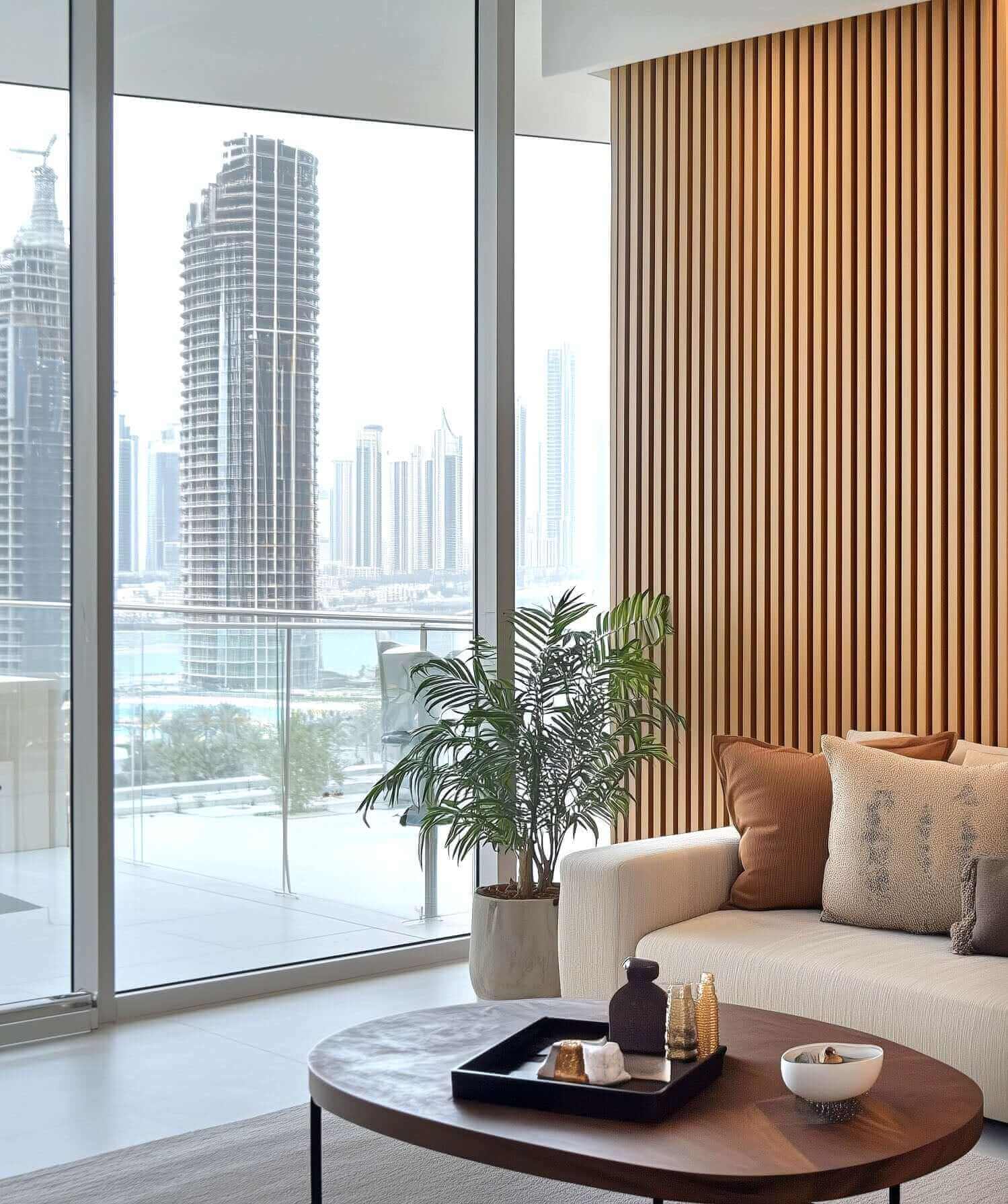Modern living room with city skyline view, featuring a stylish sofa and coffee table, large windows, and wood panel accent wall.