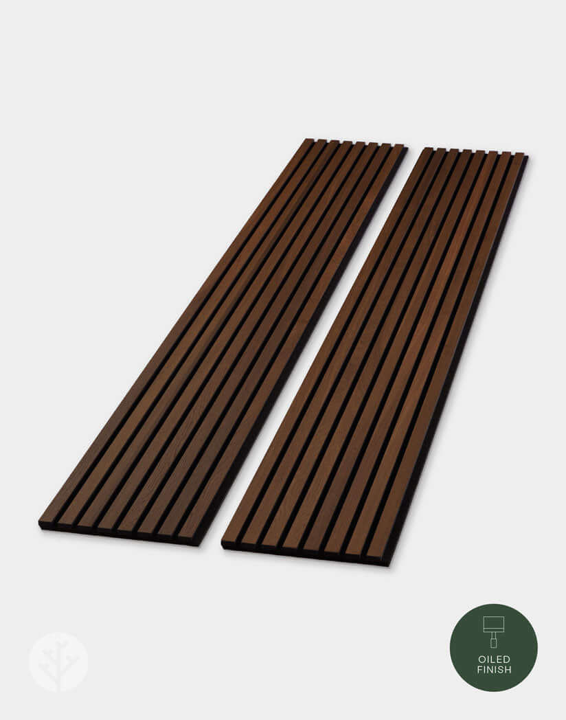 Smoked Oak Acoustic Slat Wood Wall Panels with oiled finish, ideal for rustic interior wall panelling.