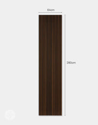 Smoked Oak Acoustic Slat Wall Panel measuring 64cm by 280cm, ideal for rustic interior wall panelling and acoustic enhancement.