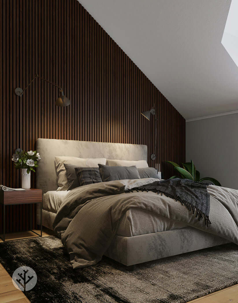 Cozy bedroom with smoked oak acoustic slat wood wall panels for rustic elegance and improved acoustics, enhancing interior wall panelling.