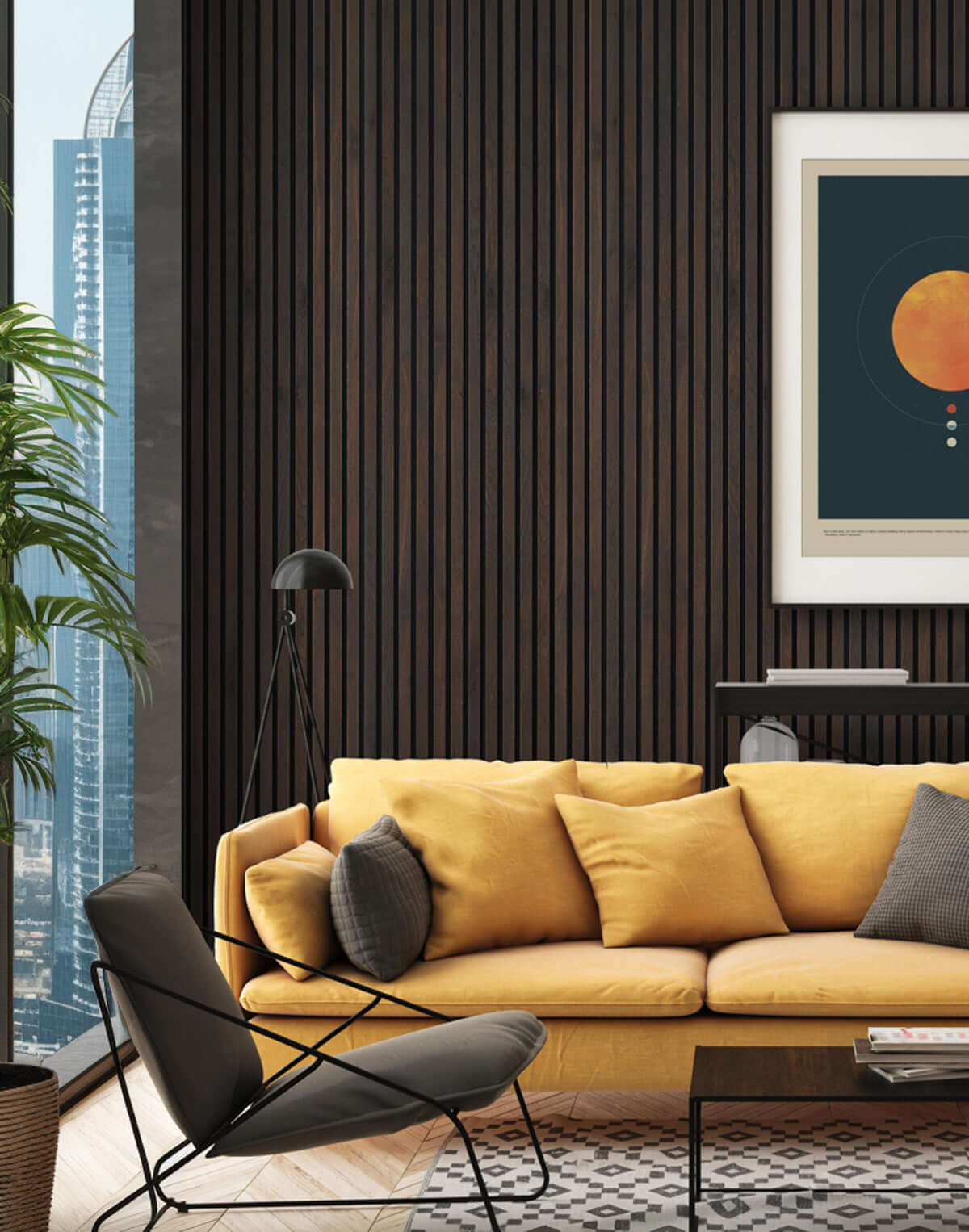 Modern living room with smoked oak acoustic slat wood wall panels enhancing rustic elegance and interior wall panelling.