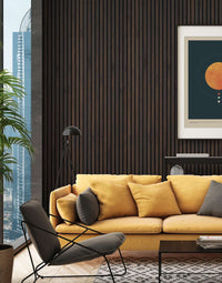 Modern living room with smoked oak acoustic slat wood wall panels enhancing rustic elegance and interior wall panelling.