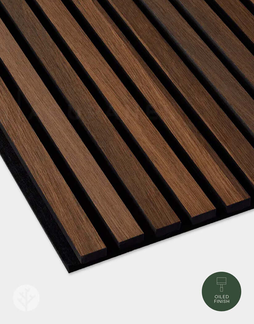 Smoked Oak Acoustic Slat Wood Wall Panels with oiled finish, perfect for interior wall panelling, adding rustic elegance.