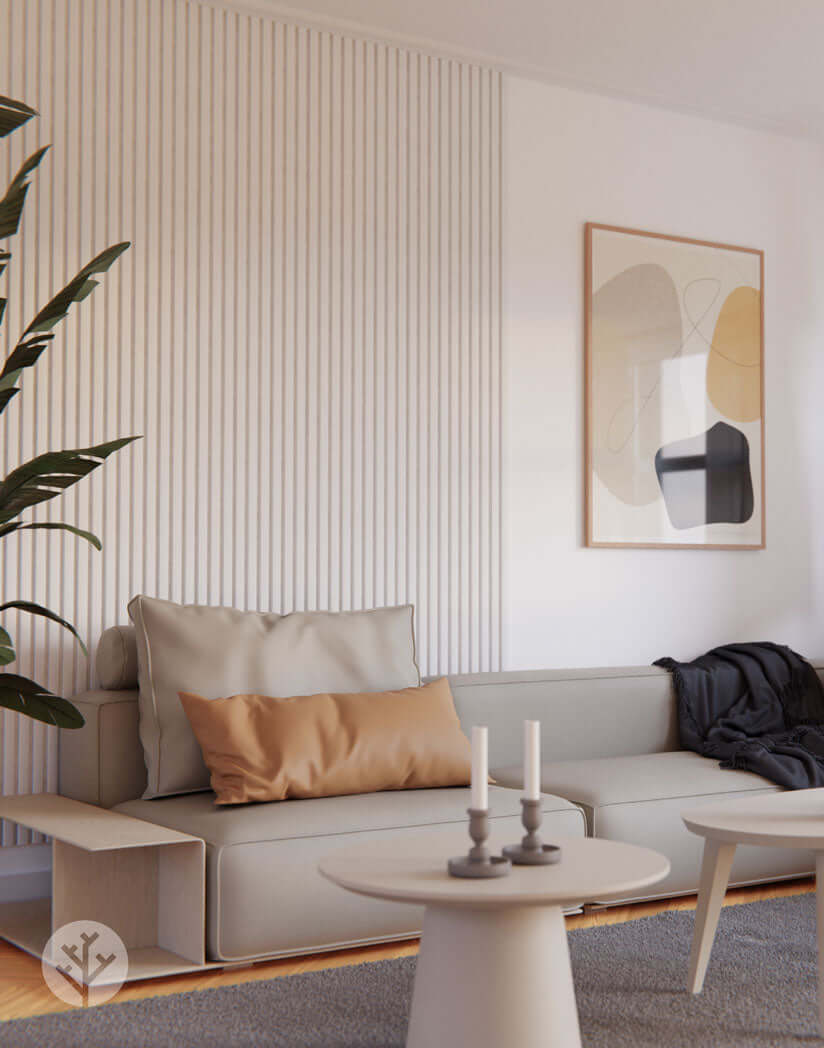 Modern living room with Snow White Acoustic Slat Wall Panels enhancing interior design.