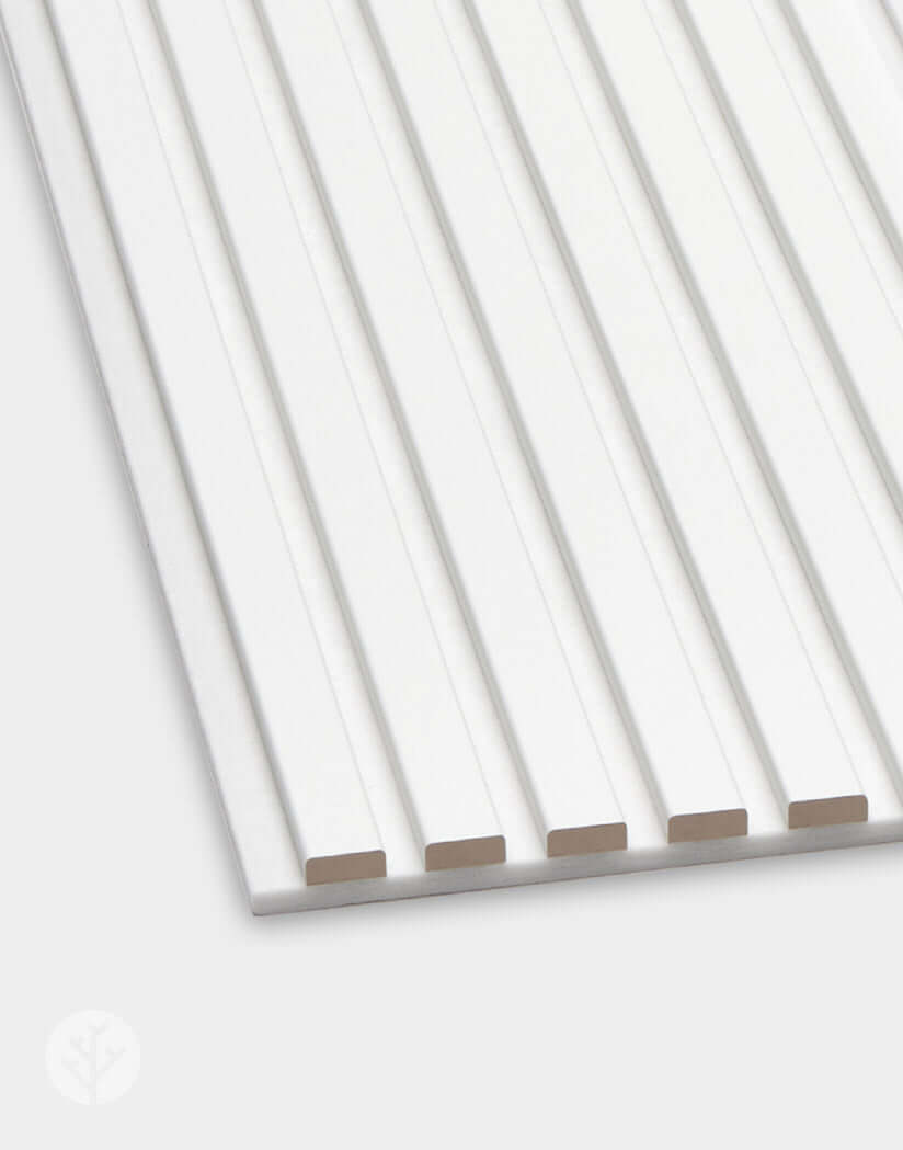 Snow White Acoustic Slat Wall Panels for interior wall panelling, showcasing modern elegance and sound improvement features.