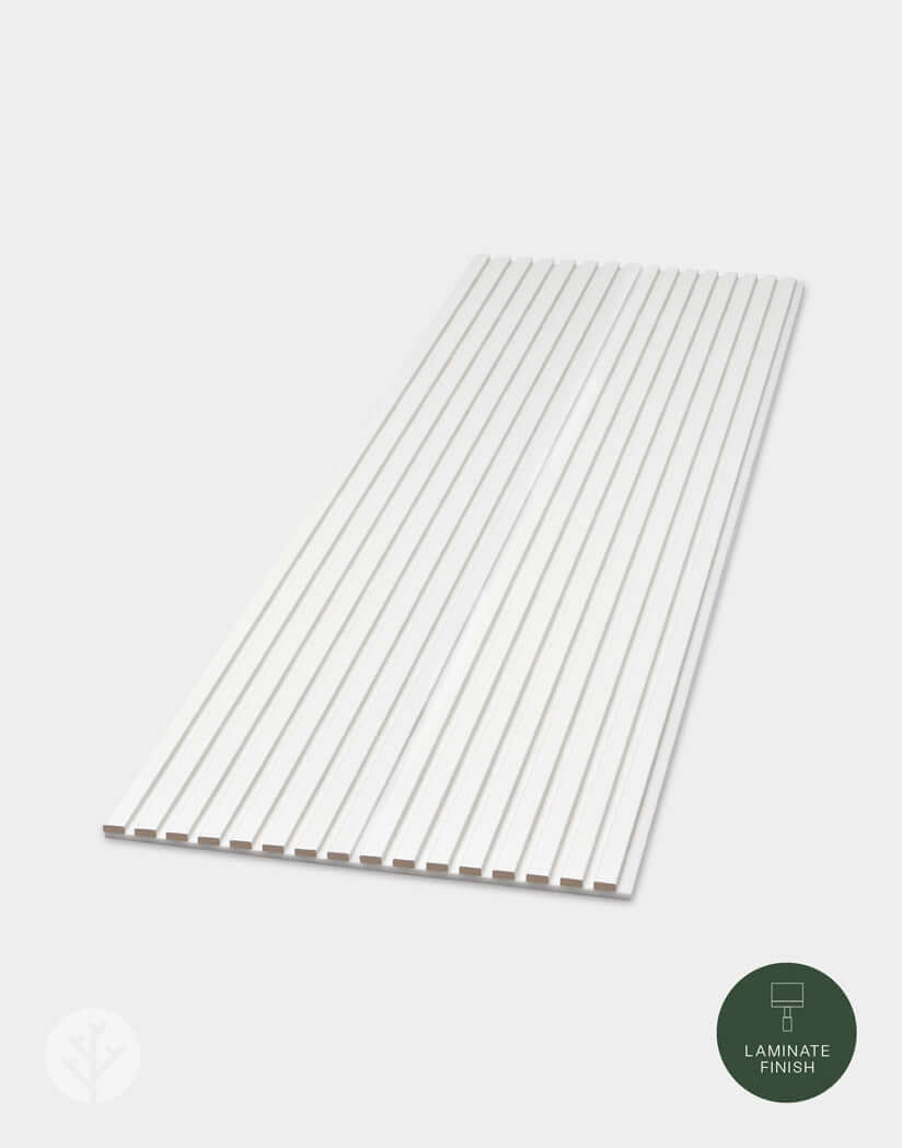 Snow White Acoustic Slat Wall Panels with laminate finish for enhancing interior wall panelling and sound quality.