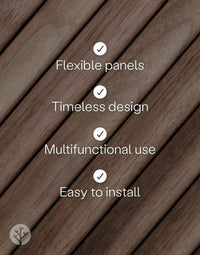 Walnut Ridge Flexible Tambour Wood Panels highlighting flexibility, timeless design, multifunctional use, and easy installation.