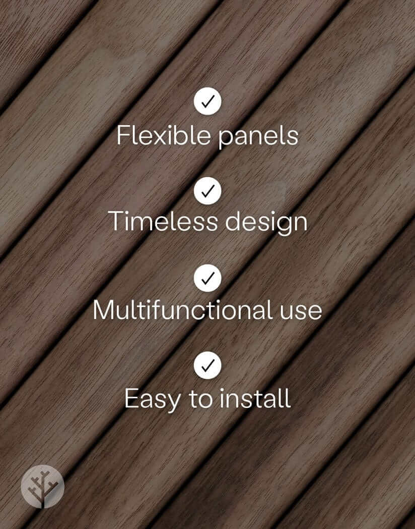 Walnut Ridge Flexible Tambour Wood Panels highlighting flexibility, timeless design, multifunctional use, and easy installation.