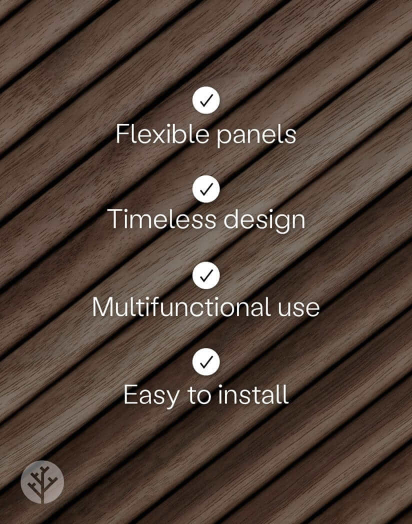Flexible tambour wood panels showcasing benefits like timeless design and easy installation.