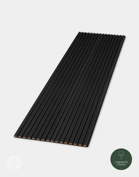 Black acoustic slat wall panel with laminate finish, ideal for modern interior and wall panelling with elegant sound absorption.