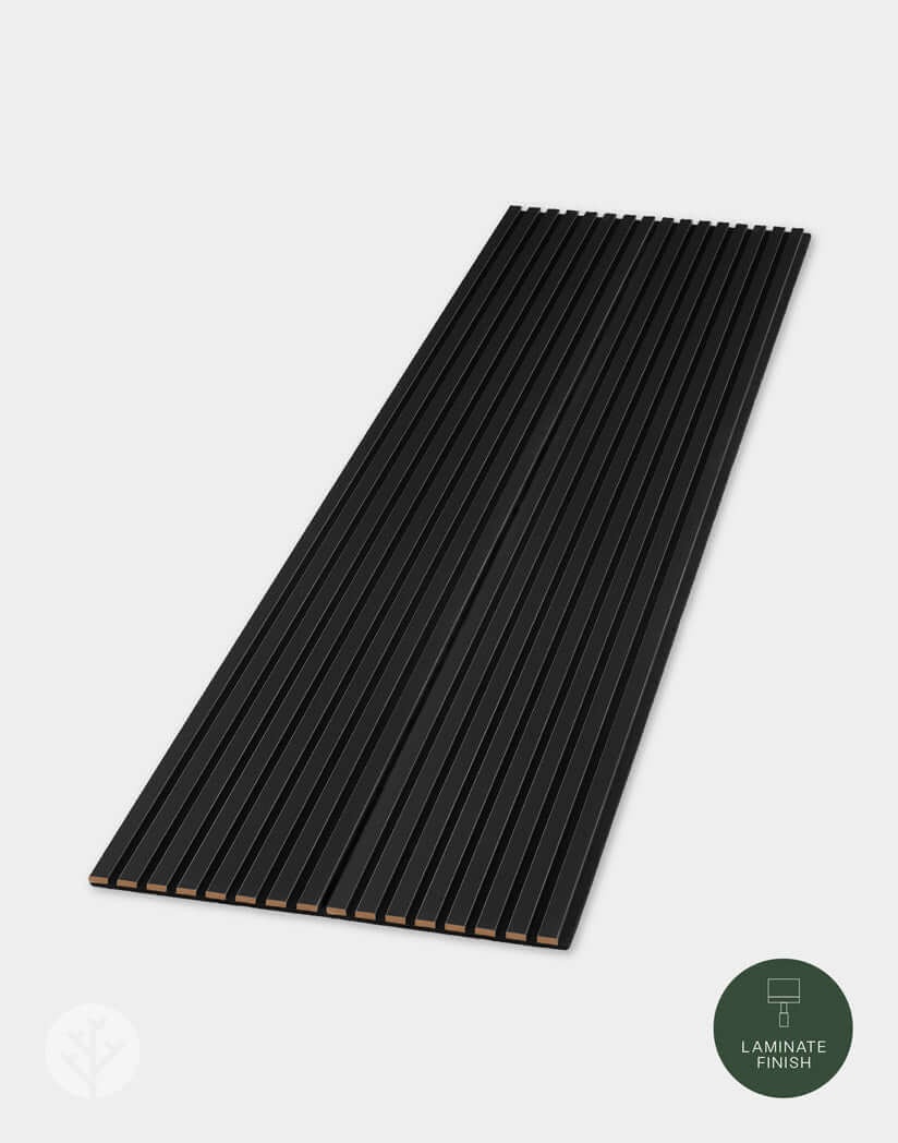 Black acoustic slat wall panel with laminate finish, ideal for modern interior and wall panelling with elegant sound absorption.