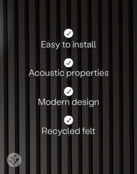 Black acoustic slat wall panels featuring easy installation, superior acoustic properties, modern design, and recycled felt material.
