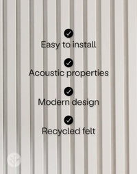 Snow White acoustic slat wall panels with text stating easy installation, acoustic properties, modern design, recycled felt.