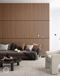 Stylish living room with Natural Oak Acoustic Slat Wood Wall Panels adding warmth and texture, ideal for modern or traditional interiors.