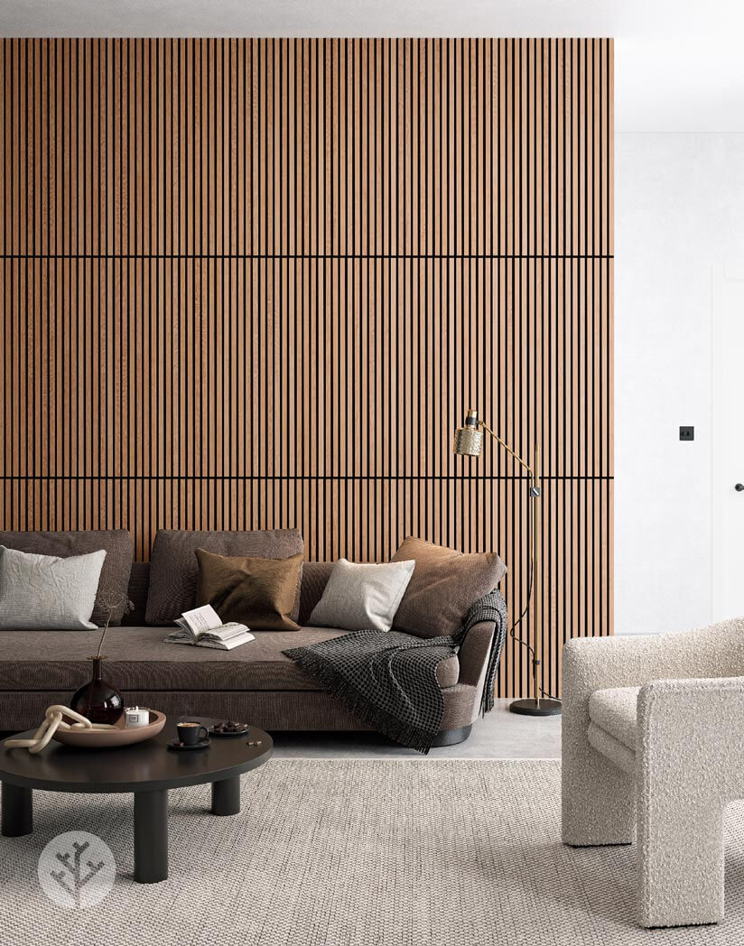 Stylish living room with Natural Oak Acoustic Slat Wood Wall Panels adding warmth and texture, ideal for modern or traditional interiors.