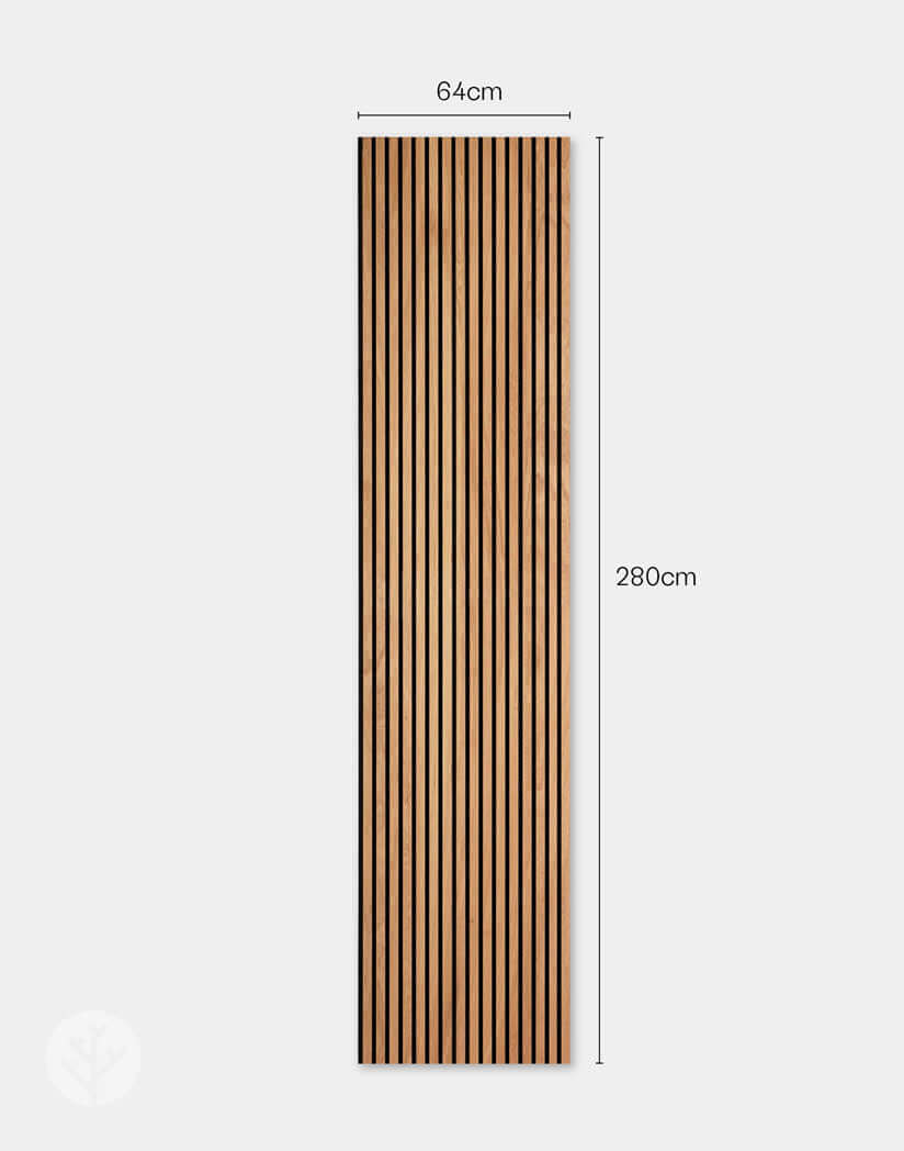 Natural Oak Acoustic Slat Wood Wall Panel for interior wall panelling, dimensions 64cm x 280cm, enhancing sound quality and elegance.