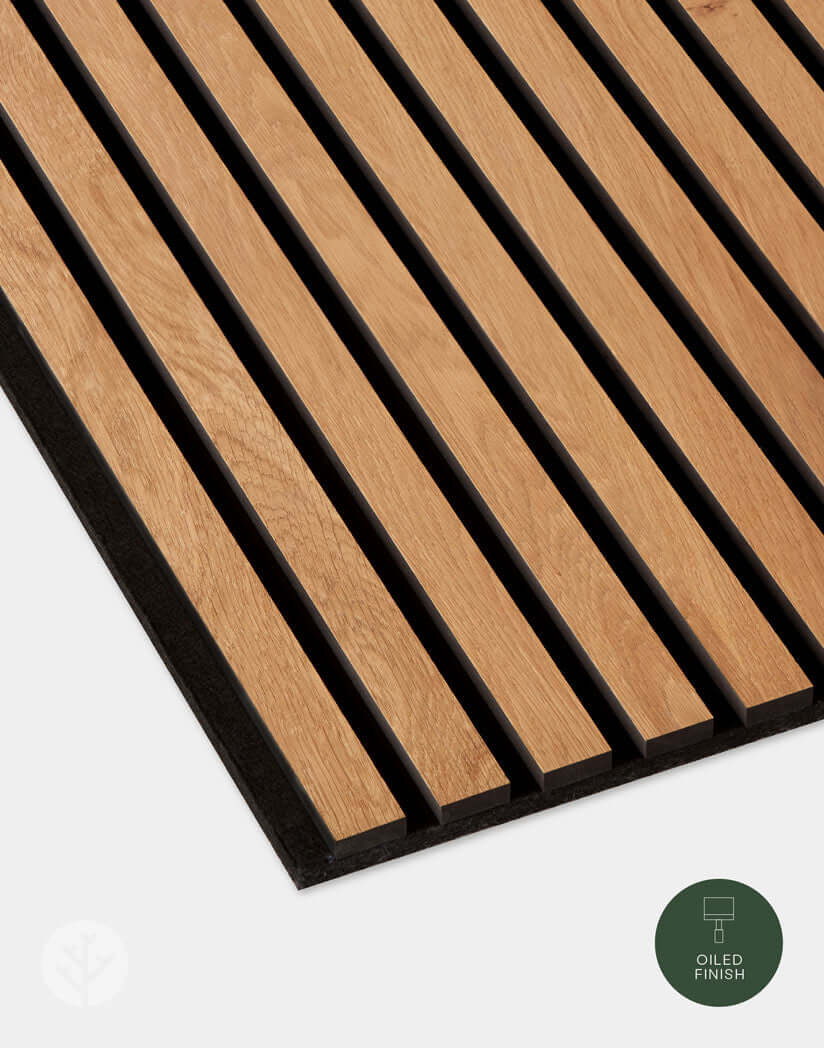 Natural Oak Acoustic Slat Wood Wall Panels with oiled finish. Enhances interior sound quality and style. Ideal for wall panelling.
