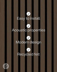 Features of natural oak acoustic slat wood wall panels: easy to install, acoustic properties, modern design, recycled felt.