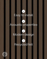 Features of natural oak acoustic slat wood wall panels: easy to install, acoustic properties, modern design, recycled felt.