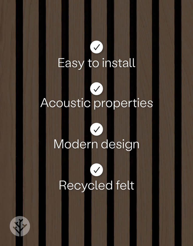 Features of natural oak acoustic slat wood wall panels: easy to install, acoustic properties, modern design, recycled felt.