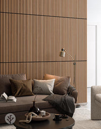 Modern living room with Natural Oak Acoustic Slat Wood Wall Panels, enhancing interior with warmth and sound quality.