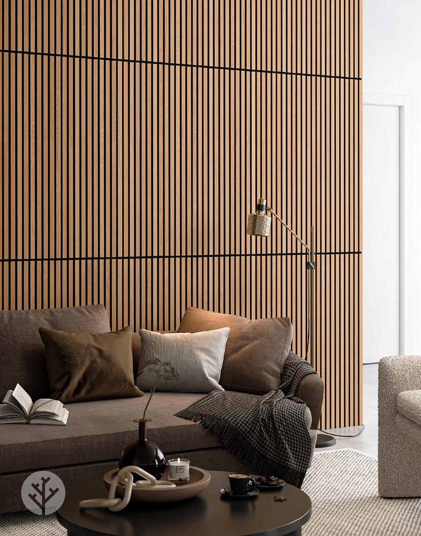Modern living room with Natural Oak Acoustic Slat Wood Wall Panels, enhancing interior with warmth and sound quality.