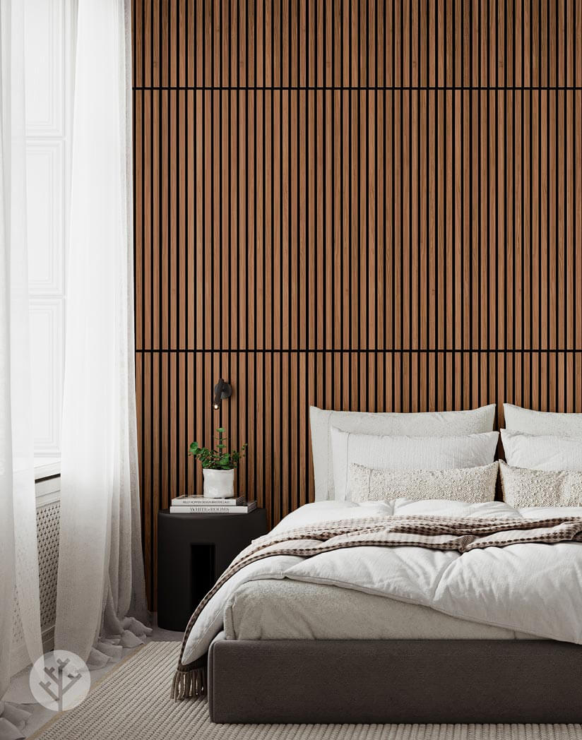 Natural Walnut Acoustic Slat Wall Panels in a cozy bedroom interior, enhancing elegance and sound quality.