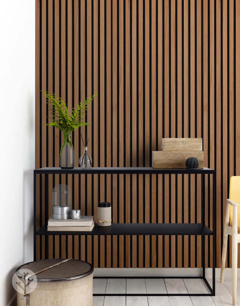 Natural Walnut Acoustic Slat Wood Wall Panels in modern interior with black shelf, showcasing elegant design and sound improvement benefits.