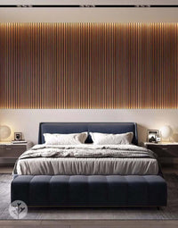 Luxurious bedroom with Natural Walnut Acoustic Slat Wood Wall Panels, adding warmth and elegance to interior decor.