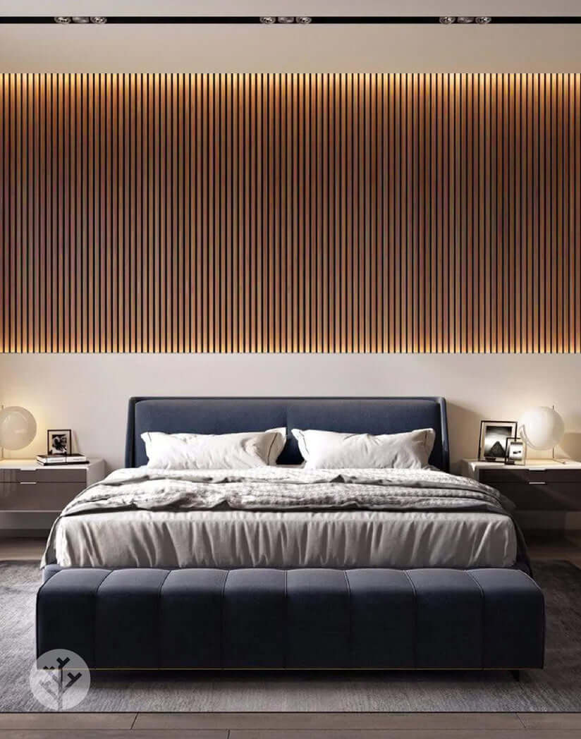Luxurious bedroom with Natural Walnut Acoustic Slat Wood Wall Panels, adding warmth and elegance to interior decor.