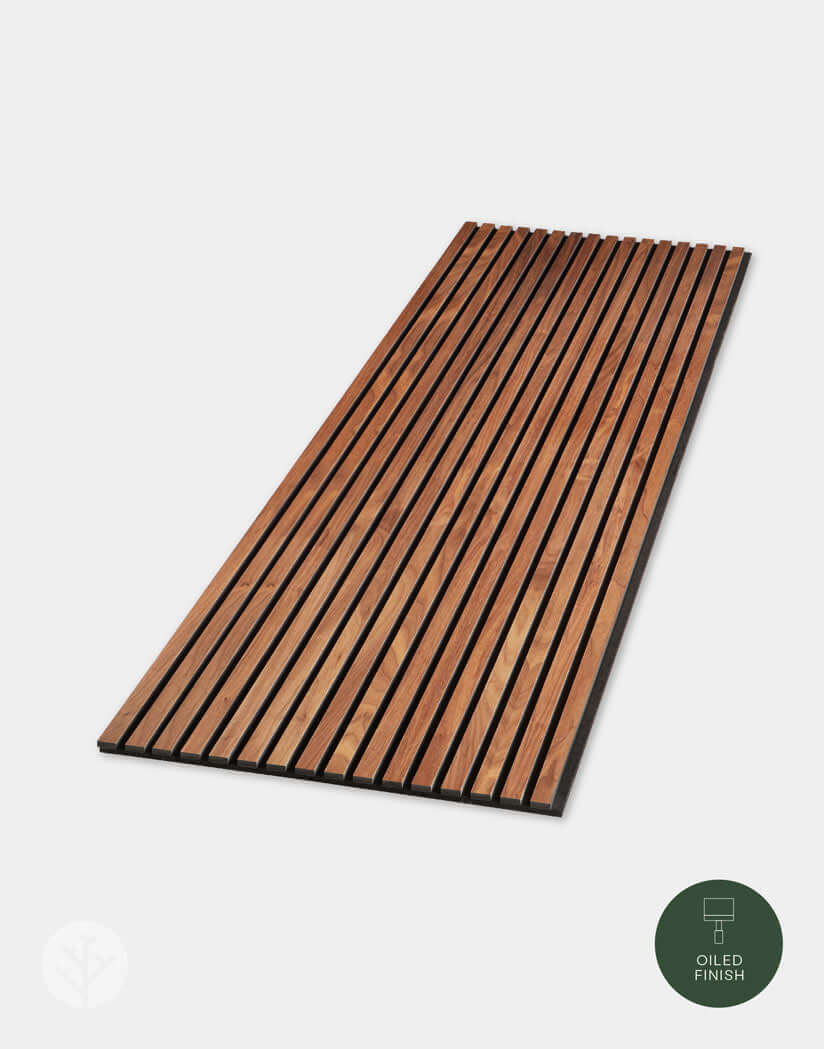 Natural Walnut Acoustic Slat Wood Wall Panel with oiled finish for interior wall panelling, enhancing room acoustics.