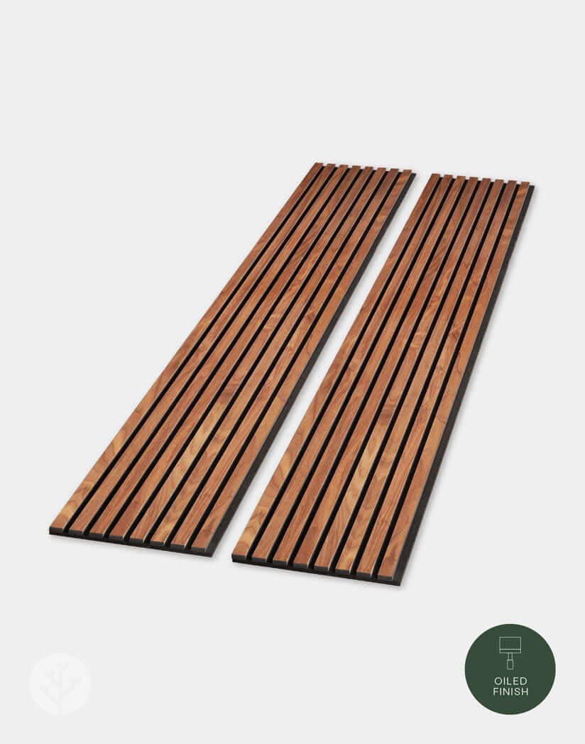 Natural Walnut Acoustic Slat Wood Wall Panels with oiled finish for elegant interior wall panelling and sound improvement.